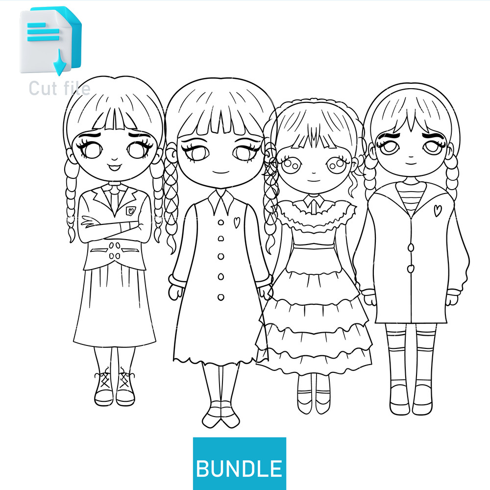 Editable Bundle Wednesday Merlina Addams SVG Wednesday Merlina Addams SVGInkPng Cut FileColoring Pa 1