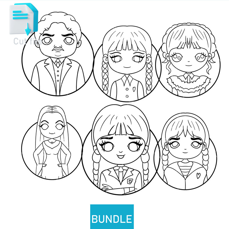 Editable Bundle Wednesday Merlina Addams SVGSticker Gomez Addams Morticia SVGInkPng Cut FileColorin 1