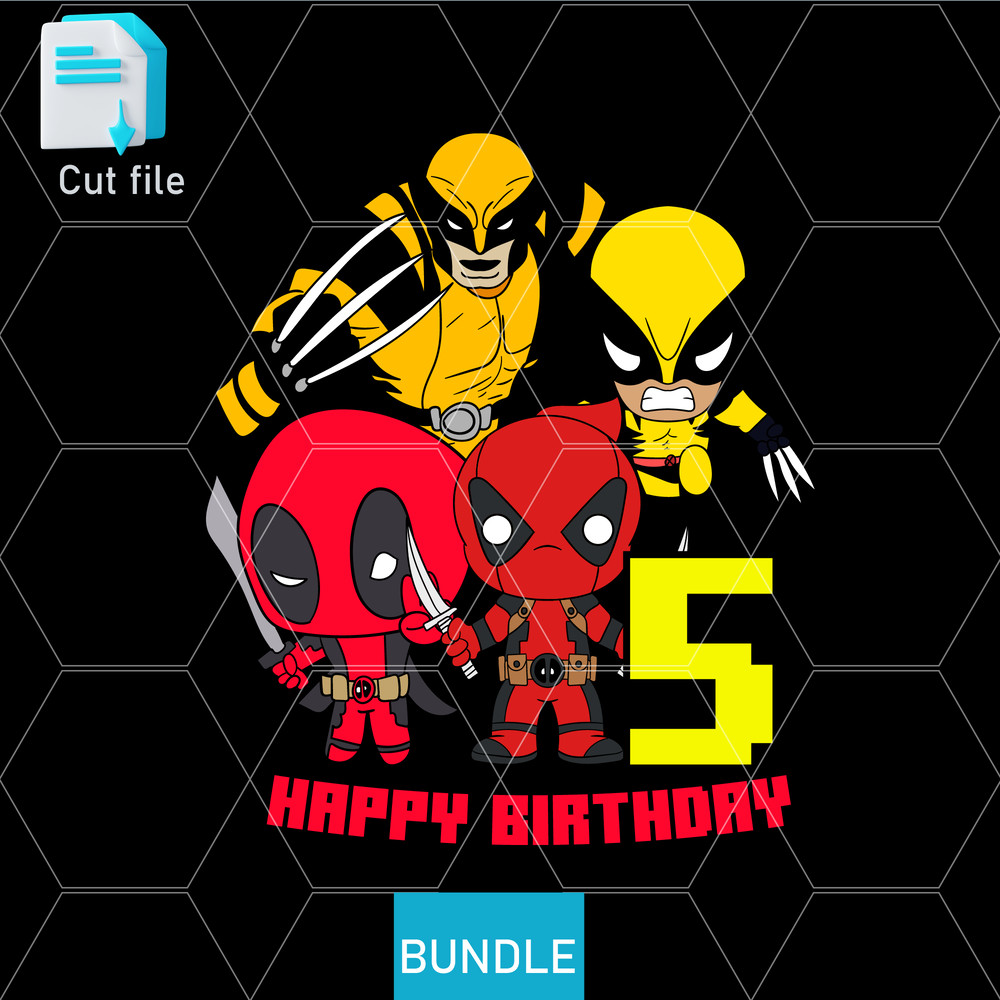 Editable Bundle SVGInkPng Cut File Deadpool And Wolverine PNG PDF To Print TShirt For 5th Birthday  0