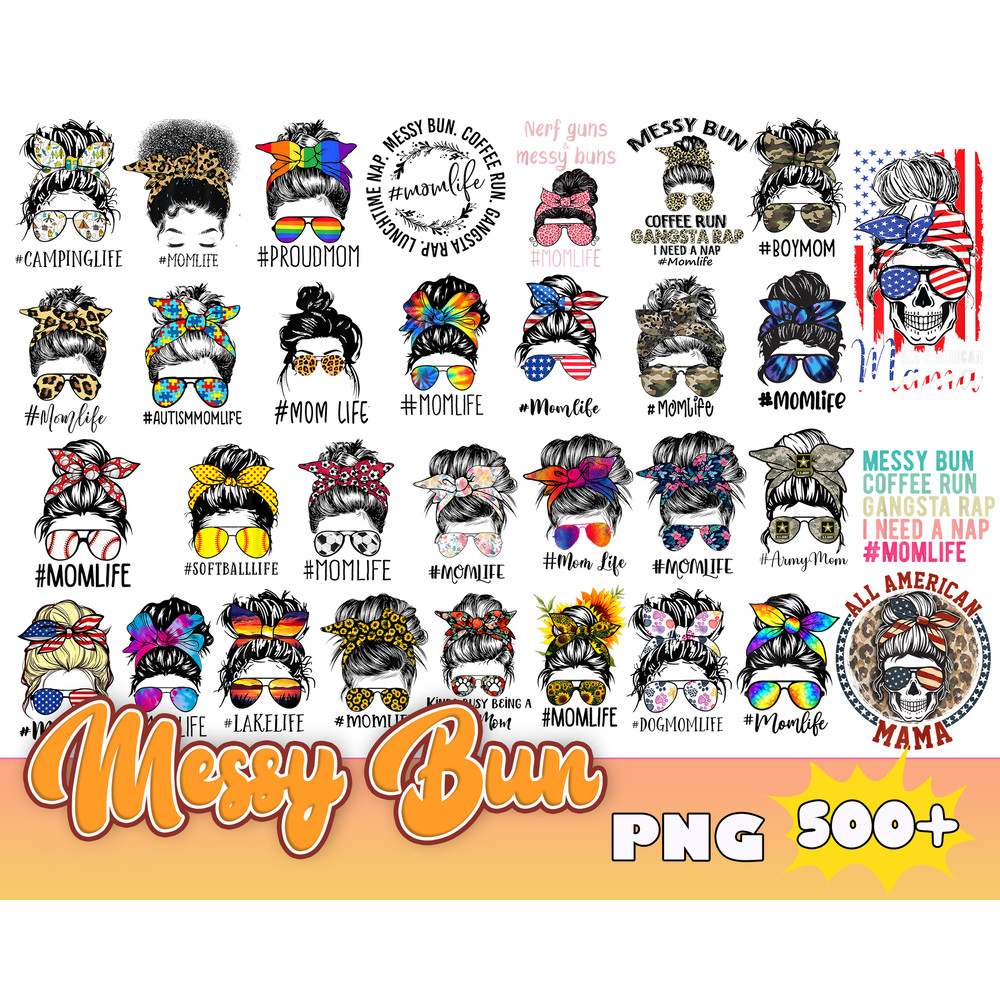Messy Bun Bundle Svg, American Mom Life Svg, Mom Life Svg, Messy Hair With Glasses Svg