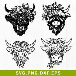 cow bundle svg, highland cow svg, highland heifer svg, cow with flower svg, png dxf eps file