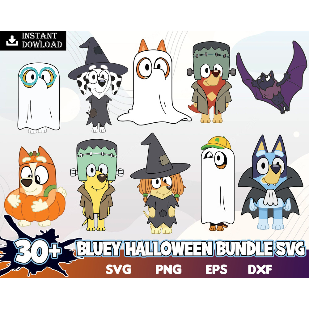 30 Bluey Halloween Bundle Svg, Bluey Friends Halloween Svg, Bluey Svg, Halloween Svg, Png Dxf Eps File