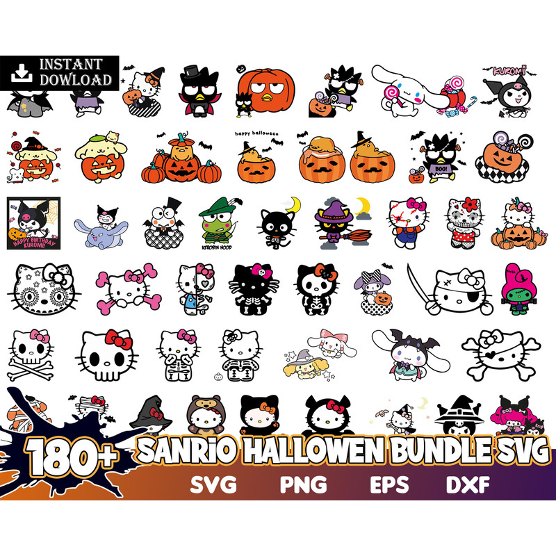Hello Kitty Halloween Bundle Svg, Sanrio halloween Svg, Kawaii Kitty Halloween Svg, Kitty Halloween Svg Png Dxf Eps File