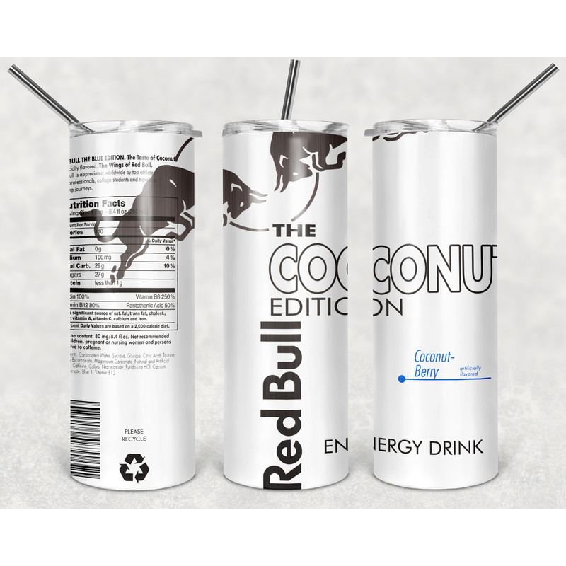 Red Bull Coconut Tumbler Png, Red Bull Coconut 20oz Skinny Sublimation Designs Png, Drinks Tumbler Png