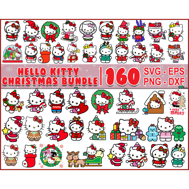 Hello Kitty Christmas Bundle Svg, Kawaii Kitty Christmas Svg, Hello Kitty Svg, Christmas Svg, Png Dxf Eps File