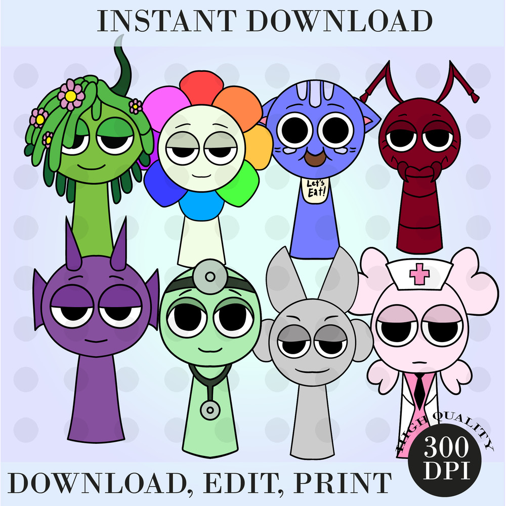 Sprunki CutterDandyPurpleArioBurgundy BettyDr Mint And Beep Coloring Pages Sprunki Instant Dwonload 0
