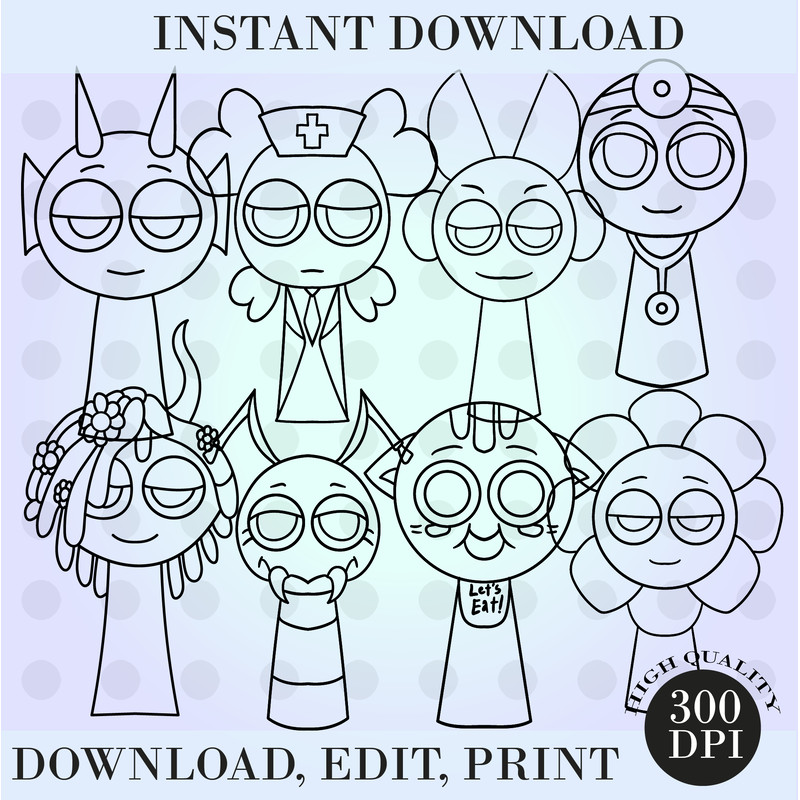 Sprunki CutterDandyPurpleArioBurgundy BettyDr Mint And Beep Coloring Pages Sprunki Instant Dwonload 1