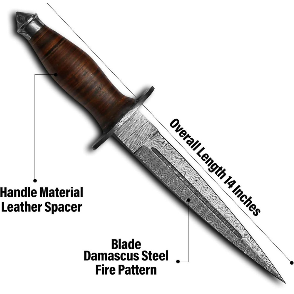 14inch Custom Handmade Damascus Steel Double Edge Dagger Knife With Leather Handle Also Comes With 1