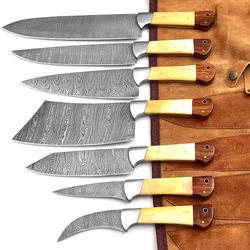 professional handmade damascus kitchen chef knife set with bone handle and damascus steel blade, with leather roll bag