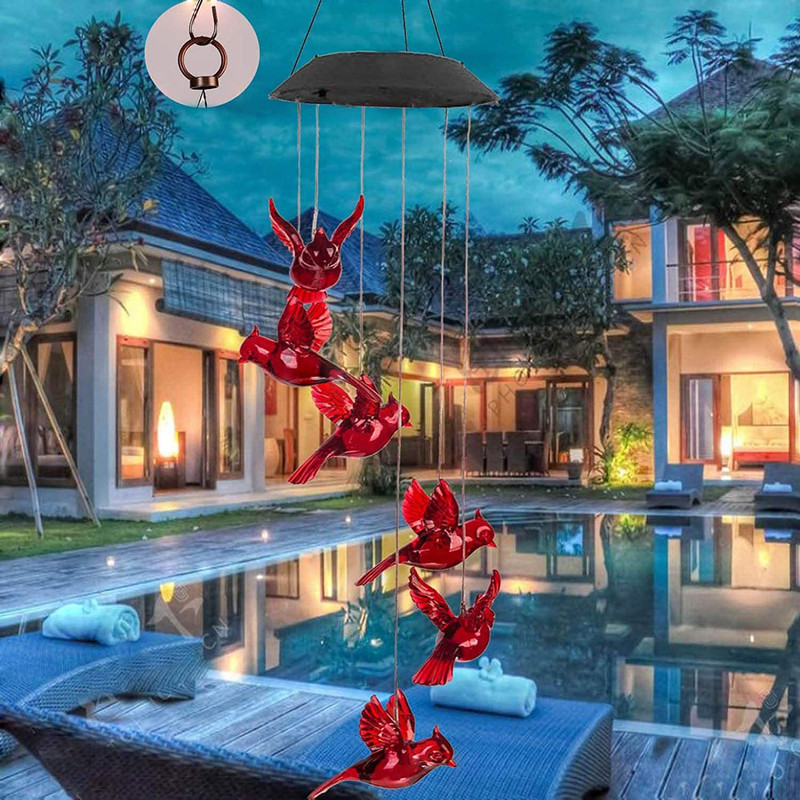 Outdoor Solar Red Bird Wind Chime Light Balcony Landscape Garden Light 2