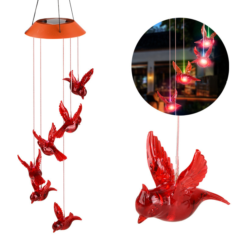 Outdoor Solar Red Bird Wind Chime Light Balcony Landscape Garden Light 3