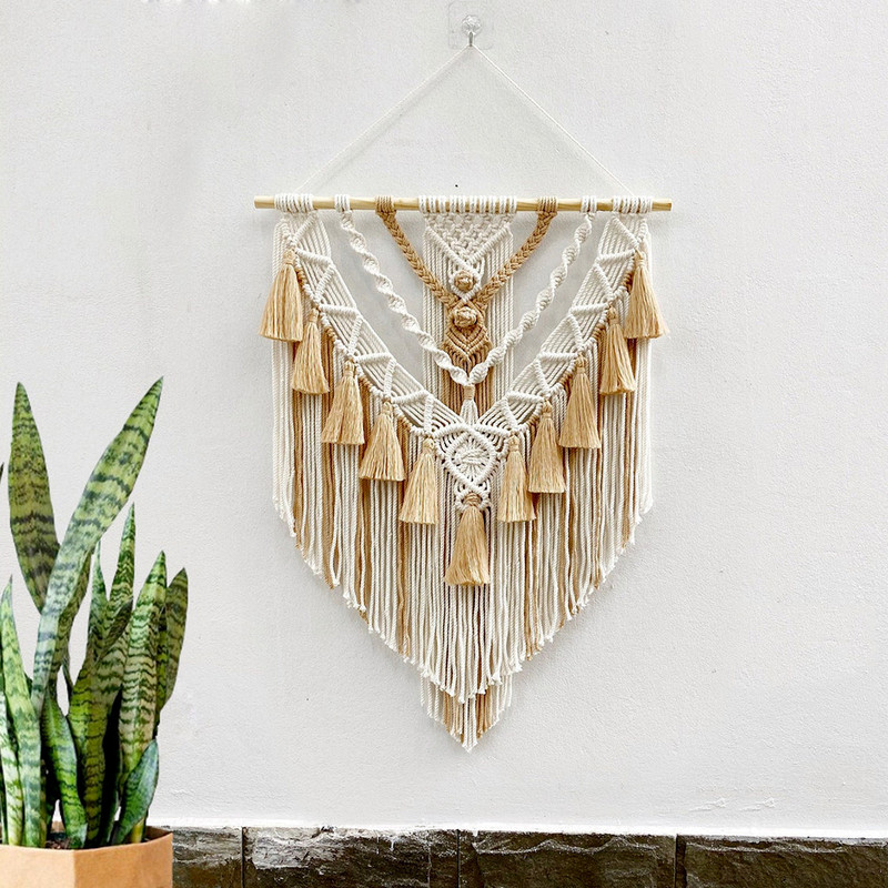 Handmade Bohemian Cotton Rope Woven Tassel Contrast Color Hollow Tapestry Decorative Wall Hanging W 0