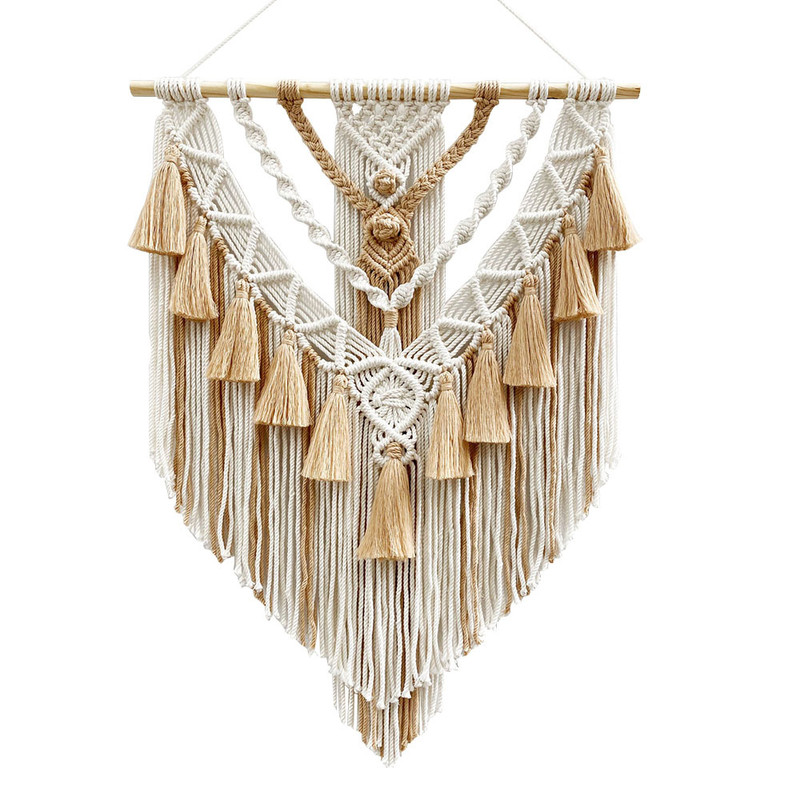 Handmade Bohemian Cotton Rope Woven Tassel Contrast Color Hollow Tapestry Decorative Wall Hanging W 1