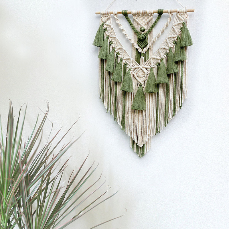 Handmade Bohemian Cotton Rope Woven Tassel Contrast Color Hollow Tapestry Decorative Wall Hanging W 5