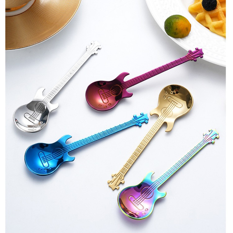 7pcs Small Guitar Design Spoon Set Fruit Spoon Salad Spoon Cake Spoon Ice Cream Spoon 5