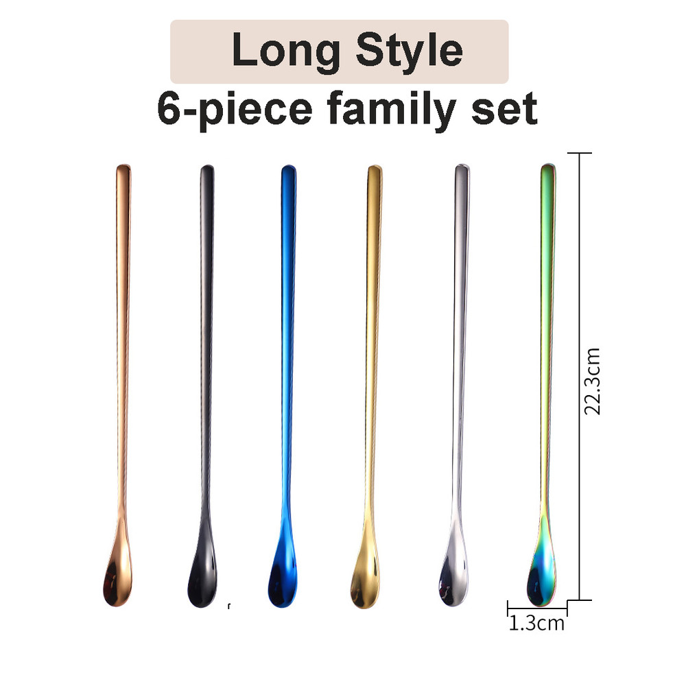 6piece Family Set Stainless Steel Creative Long Handle Dessert Spoon Coffee Stirring Spoon 8