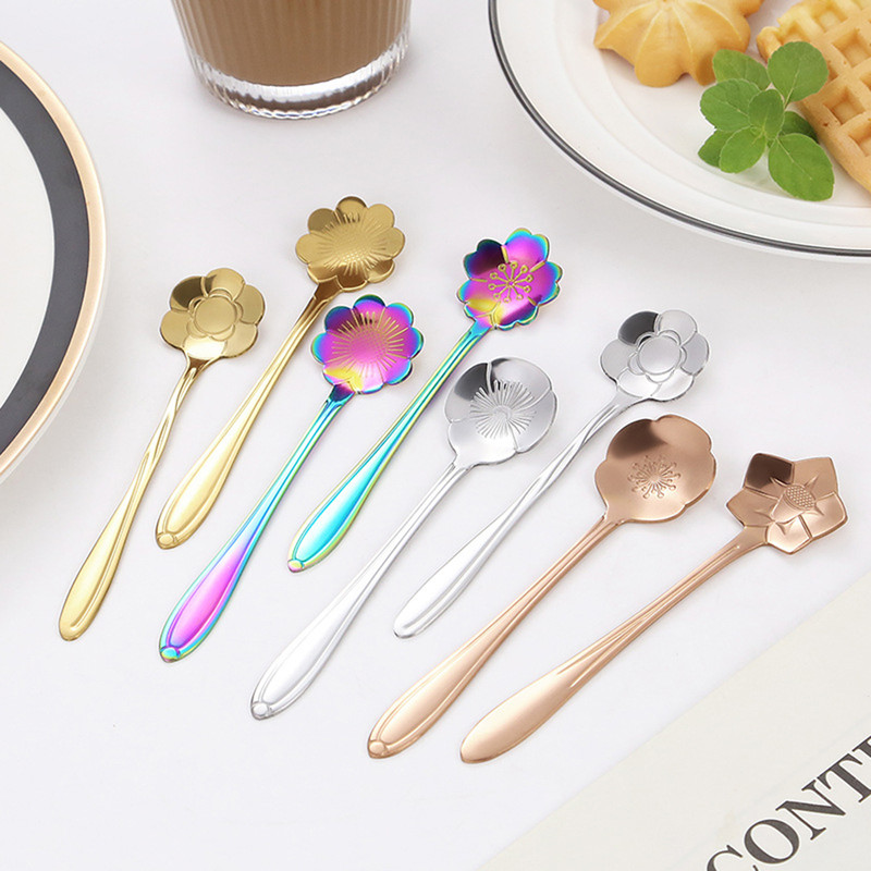 8piece Family Set Stainless Steel Creative Flower Dessert Spoon Coffee Stirring Spoon 0