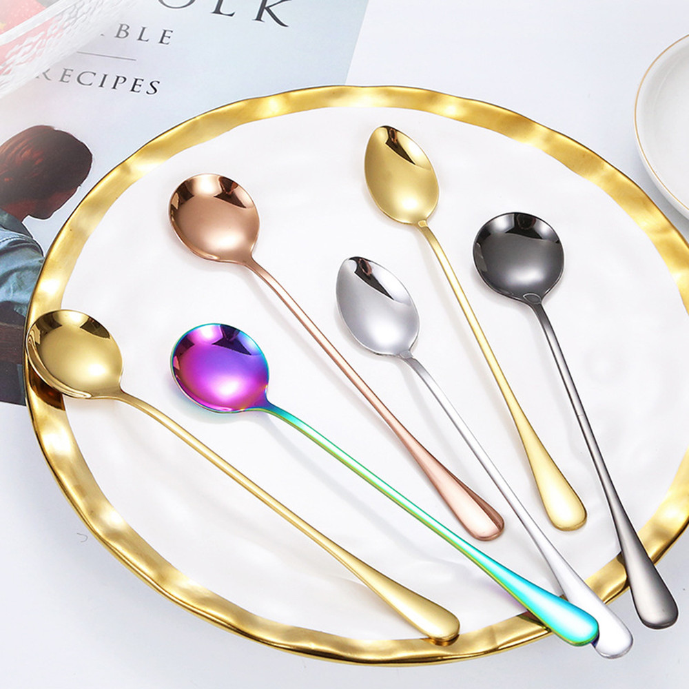 5piece Family Set Long Handle Stirring Spoon Coffee Spoon Ice Cream Scoop Ice Pointed Spoon Round S 1