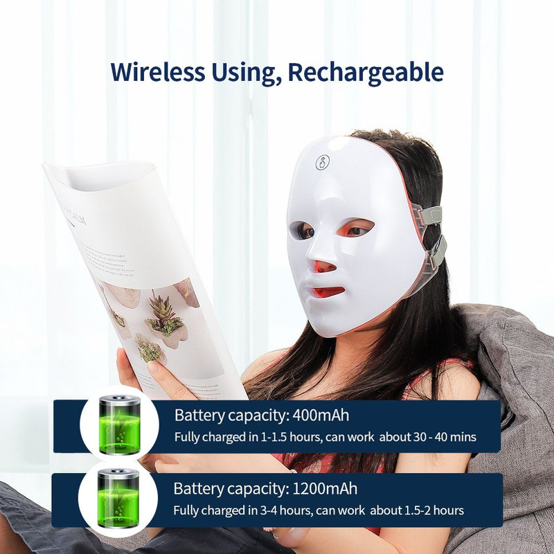 Rechargeable Facial LED Mask For Acne Wrinkle Removal  Skin Brightening 7 Color LED Photon Therapy  7