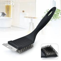 heavy duty bbq grill brush for cleaning grills, steel wire bristles, ergonomic handle, and hanging hole for easy storage