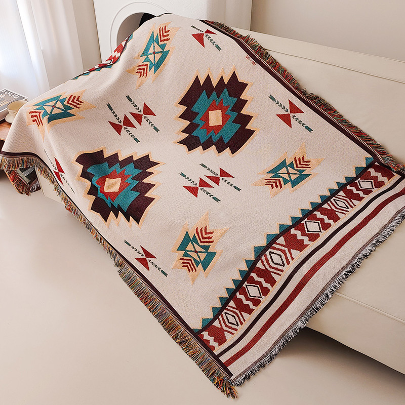 Aztec Blanket Boho Chic Oversized Throw with Fringe, Soft Vintage Woven Geometric Blanket for Home & Gifts