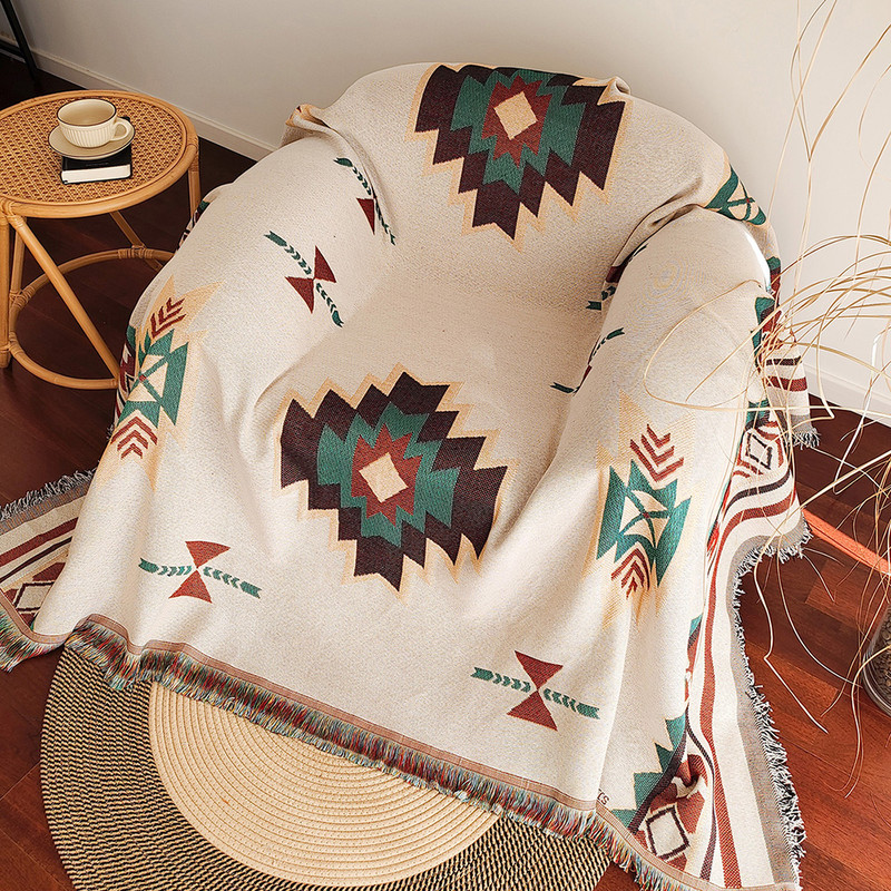 Aztec Blanket Boho Chic Oversized Throw with Fringe, Soft Vintage Woven Geometric Blanket for Home & Gifts