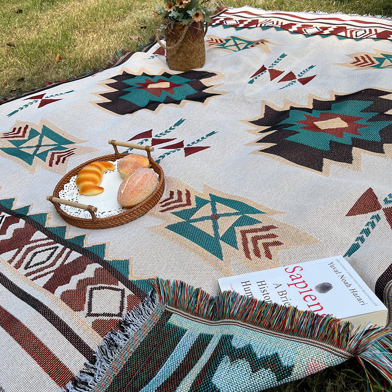 Aztec Blanket Boho Chic Oversized Throw with Fringe, Soft Vintage Woven Geometric Blanket for Home & Gifts