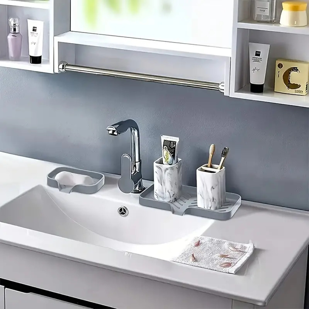 Kitchen Sink Organizer Silicone Faucet Mat With Soap Tray  Drain Pad Non Slip Countertop Drying Mat 5