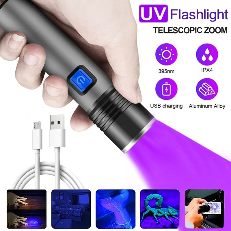 UV Flashlight Blacklight Zoomable USB Rechargeable Ultraviolet Light For Pet Urine Detection Resin