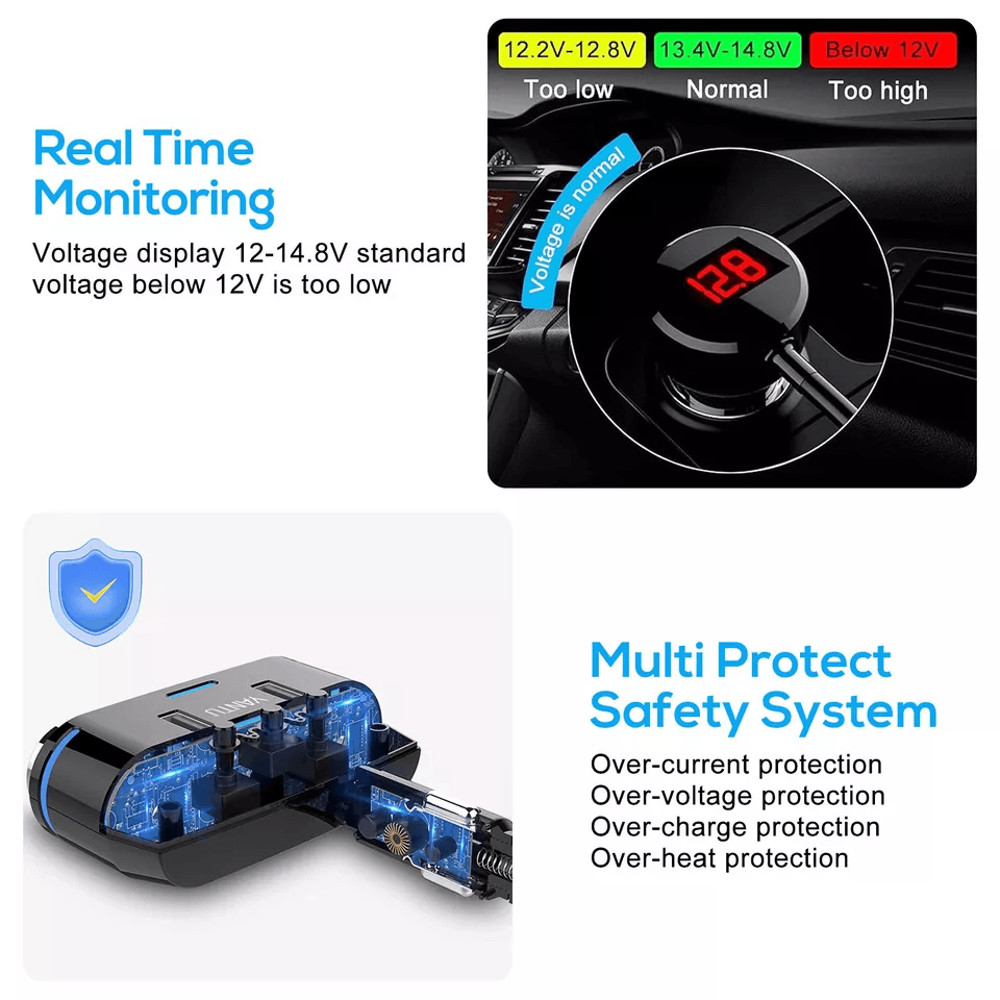Multi Car Cigarette Lighter Extension Splitter With USB Charger DC Ports Car Adapter With Voltmeter 3