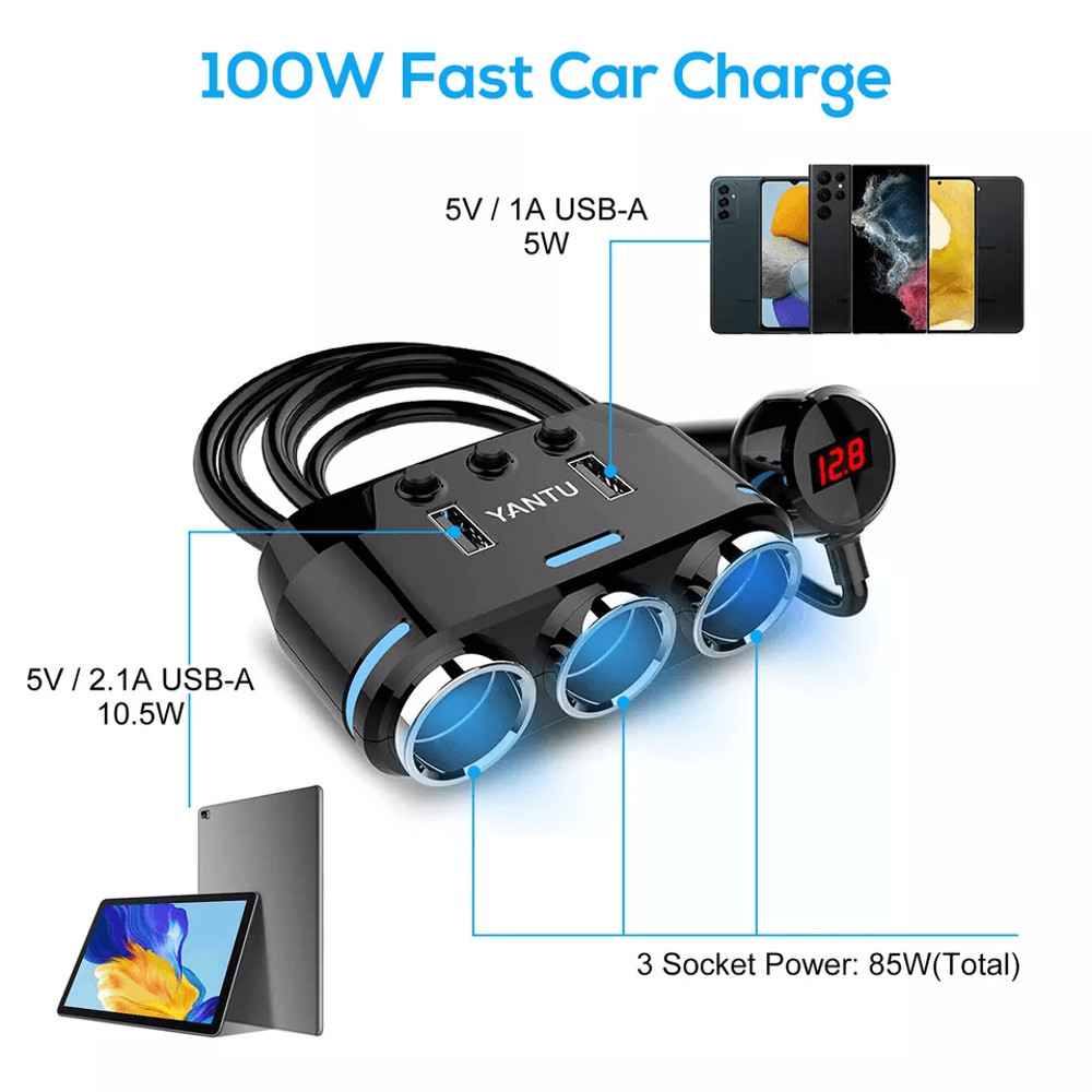 Multi Car Cigarette Lighter Extension Splitter With USB Charger DC Ports Car Adapter With Voltmeter 2