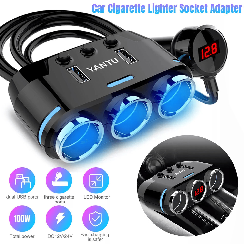 Multi Car Cigarette Lighter Extension Splitter With USB Charger DC Ports Car Adapter With Voltmeter 0