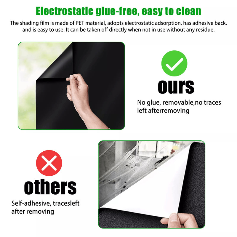 Static Cling Blackout Window Film UV Blocking Thick Black Tinting Heat Insulation Sun Protection 3