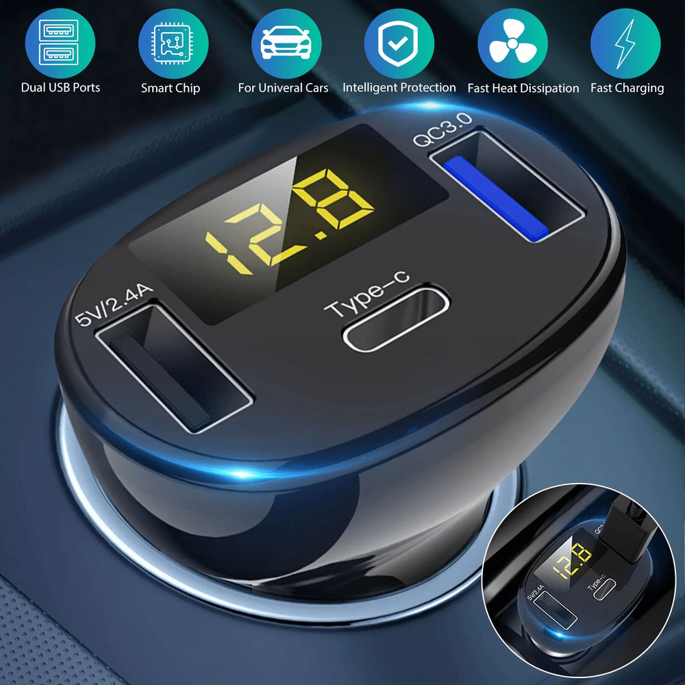 TypeC Safe Charger Adapter For Car USB Car Fast Charging Station With Digital Display Quick Charge  0