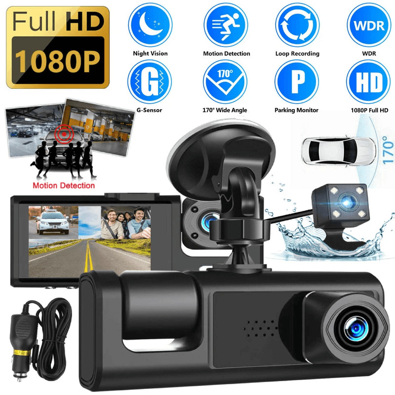3 Lens Car DVR Dash Cam 1080P Front Inside Rear Camera Video Recorder With GSensor Night Vision And