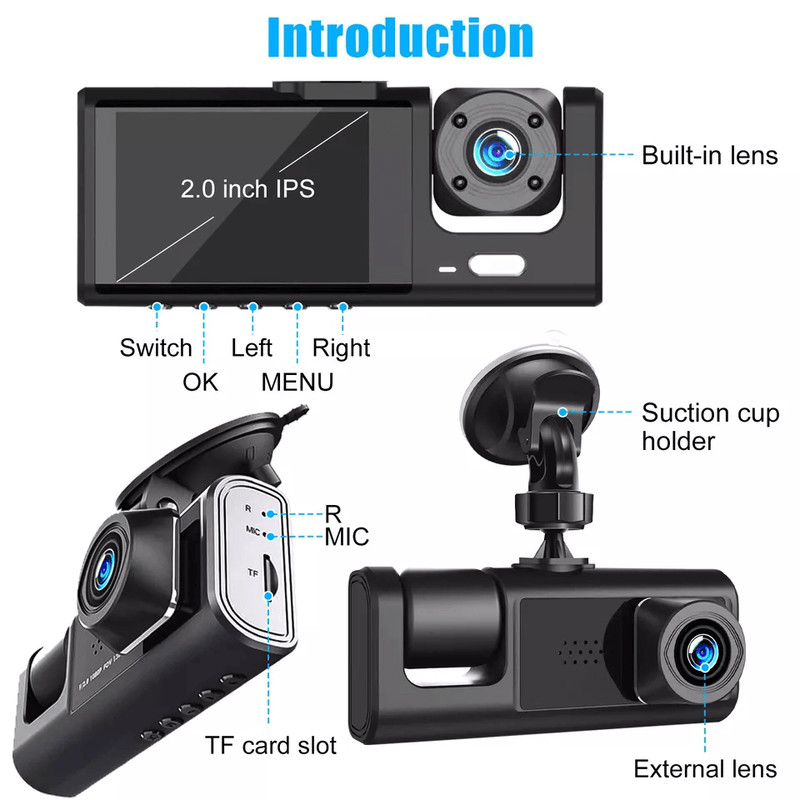 3 Lens Car DVR Dash Cam 1080P Front Inside Rear Camera Video Recorder With GSensor Night Vision And