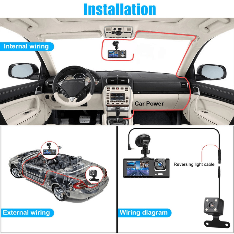3 Lens Car DVR Dash Cam 1080P Front Inside Rear Camera Video Recorder With GSensor Night Vision And