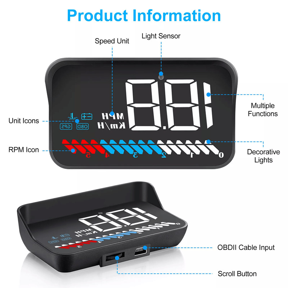 Car Head Up Display Digital Gauge With GPS Speedometer OBD2 Warning Alarm Meter 1