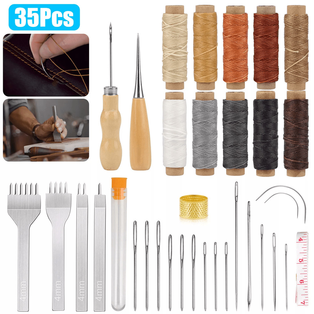 Leather Stitching Punch Awl Kit With Waxed Thread Needles And DIY Sewing Tools For Craft Projects 0