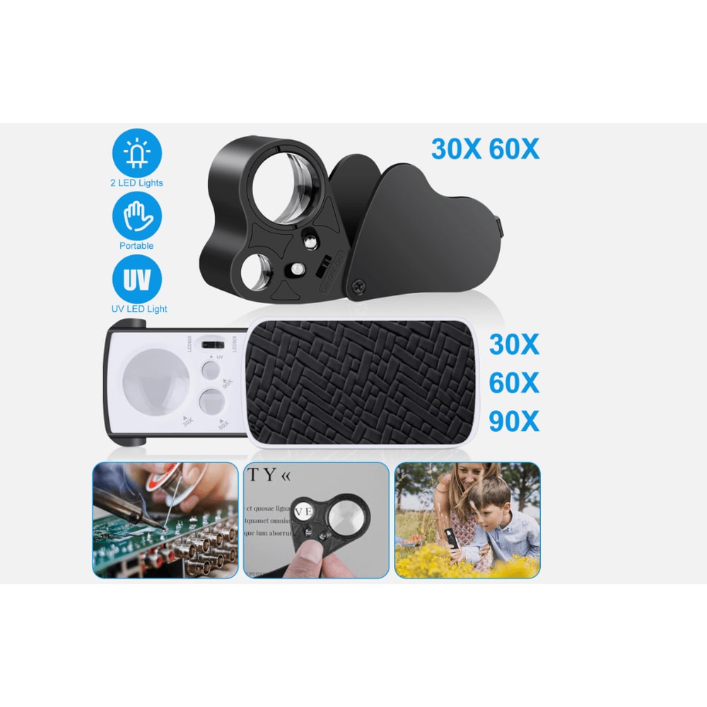 Pocket Magnifying Glass Set 30X 60X 90X LED Jeweler Loop With UV Light Portable Eyeglass Magnifier