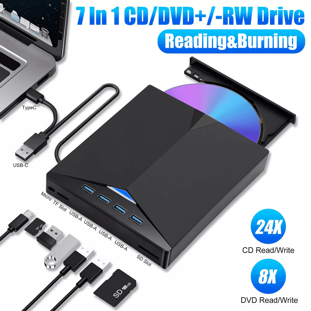 7IN1 Slim External CD DVD Drive USB 30 Burner Reader Writer Player For Laptop And PC 0