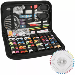 portable home travel sewing kit with thread, needle, scissors, thimble, and tape measure