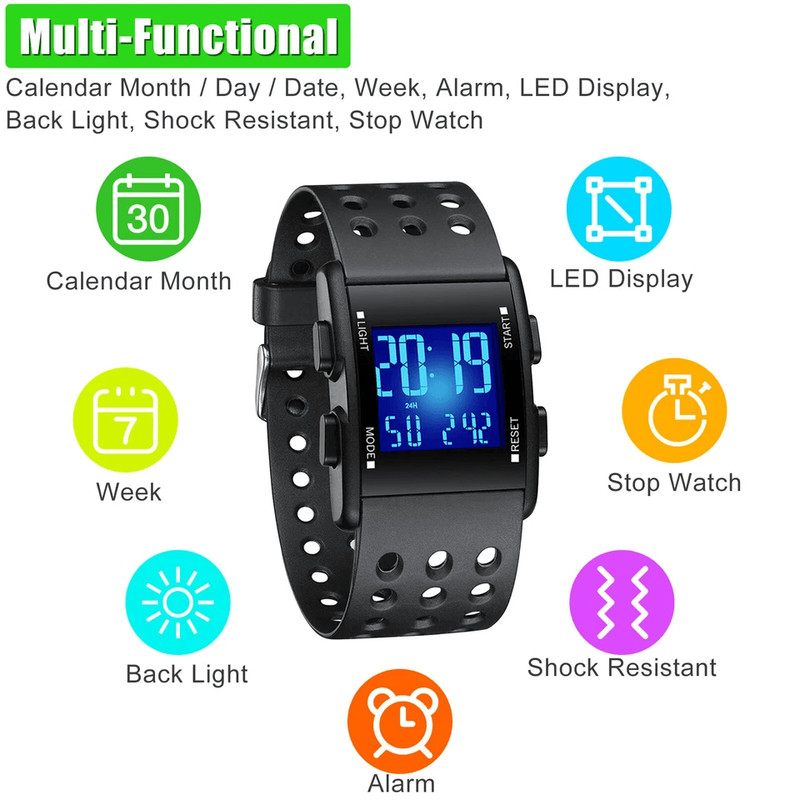 Mens Digital Military Sport Watch Waterproof 3ATM 7Color LED Calendar Shock Resistant Wristband 5