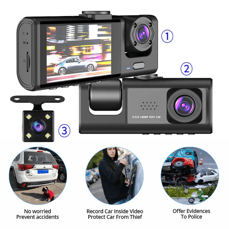 Car Dual Lens Dash Cam HD 1080P FrontRearInside Video Recorder Camera GSensor For AllRound Protecti 1
