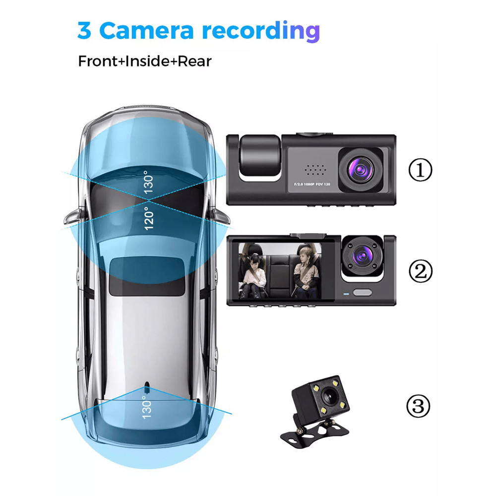 Car Dual Lens Dash Cam HD 1080P FrontRearInside Video Recorder Camera GSensor For AllRound Protecti 3