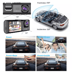 car dual lens dash cam hd 1080p front/rear/inside video recorder camera g-sensor for all-round protection