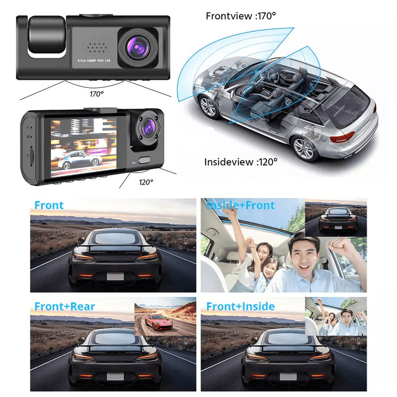Car Dual Lens Dash Cam HD 1080P FrontRearInside Video Recorder Camera GSensor For AllRound Protecti 0