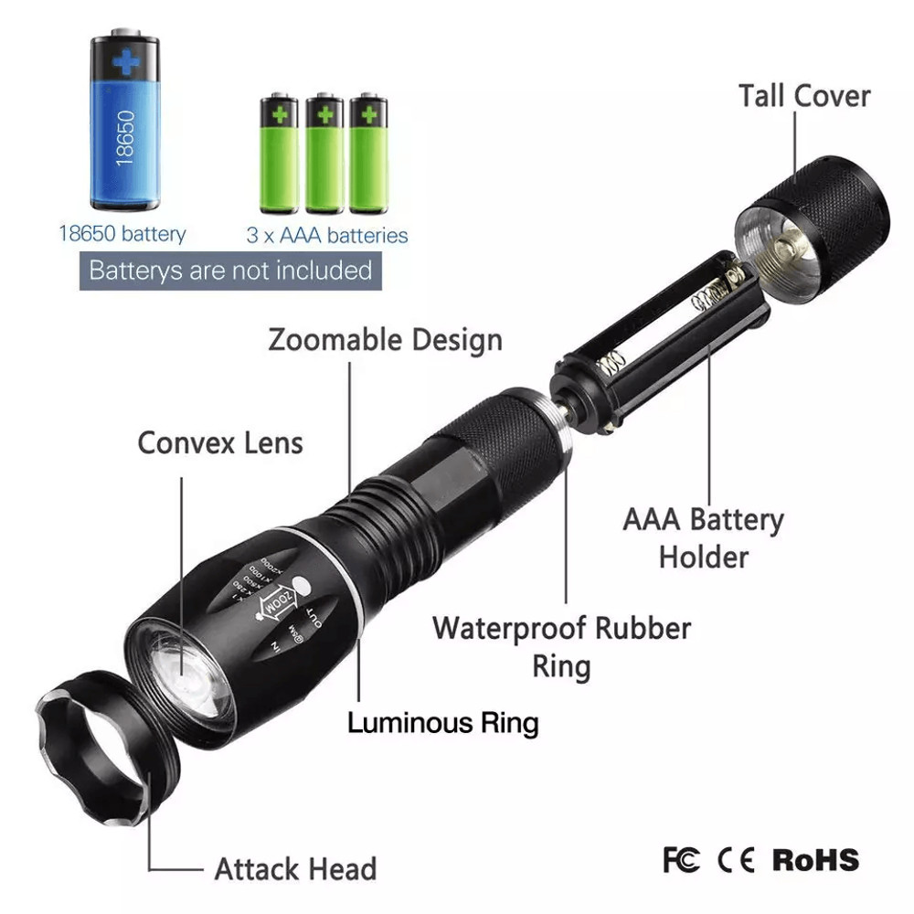 SuperBright Tactical Flashlight Five Modes LED Zoomable Torch Searchlight Compact Waterproof Flashl 13