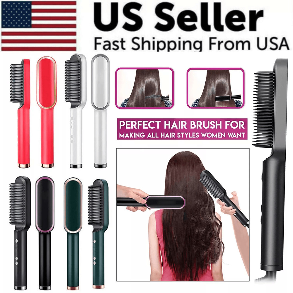 2in1 Hair Straightener Brush  Curler  Electric Hot Comb With Adjustable Heat Settings For FrizzFree 0