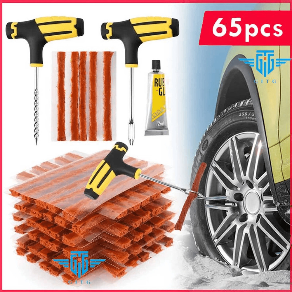 65pc Tire Repair Kit For Car Truck Motorcycle HeavyDuty DIY Flat Tire Plug Patch Kit With THandle T 0